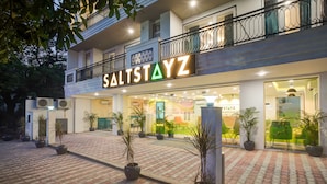 A hotel named SALTSTAYZ with a modern design, featuring a brick-paved entrance and potted plants. - Saltstayz Premier - Arjun Marg (Gurugram)