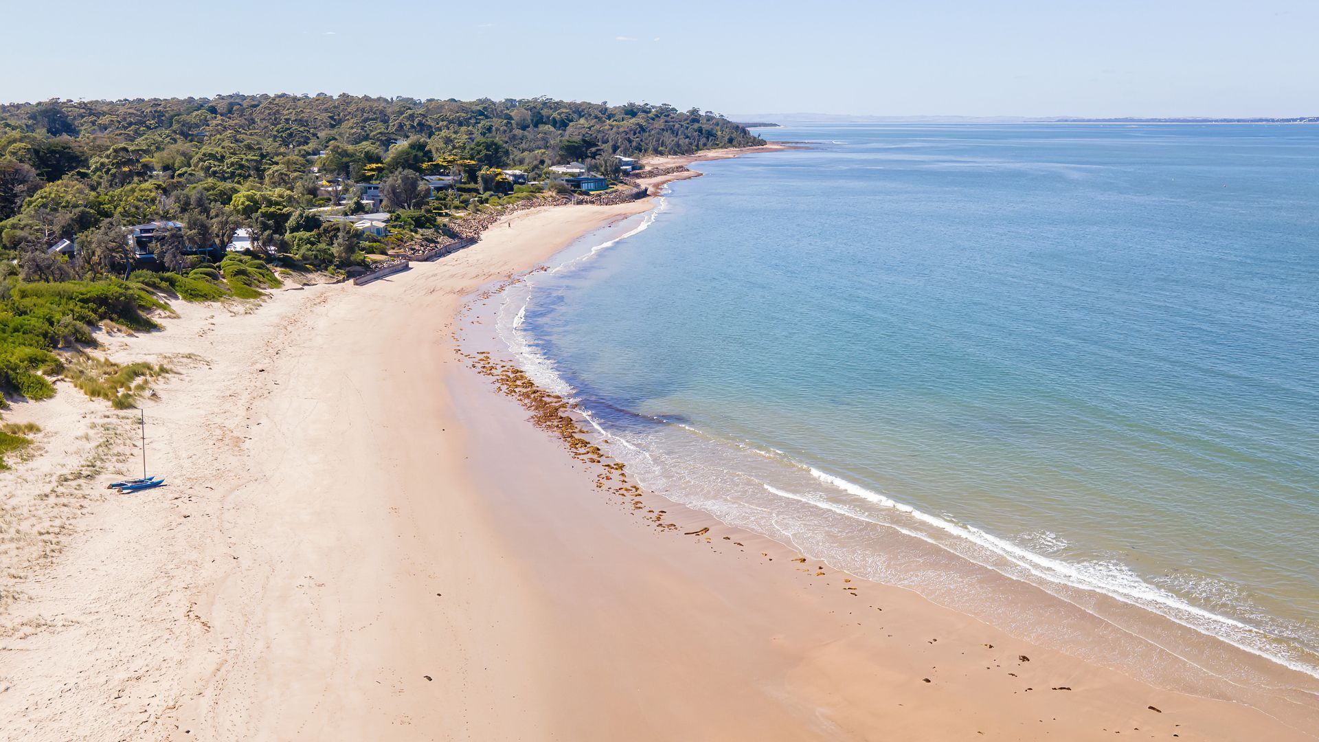 A coastal beach with a sandy shoreline, a small boat, and a forested area in the background.