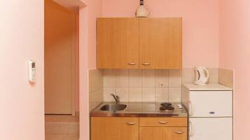 Fridge, microwave, stovetop, coffee/tea maker