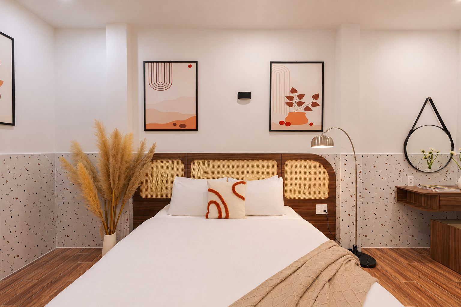 A modern hotel room with a bed, a nightstand, a lamp, and abstract wall art.