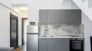 A modern kitchen with grey cabinets, a built-in microwave, a sink, and an oven. - Olympiada-Two Bedroom Loft No Pool Access (Kavala)