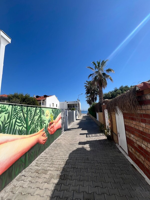 A paved pathway leading to a building with a palm tree and a mural on the wall. - kai urla (Urla)