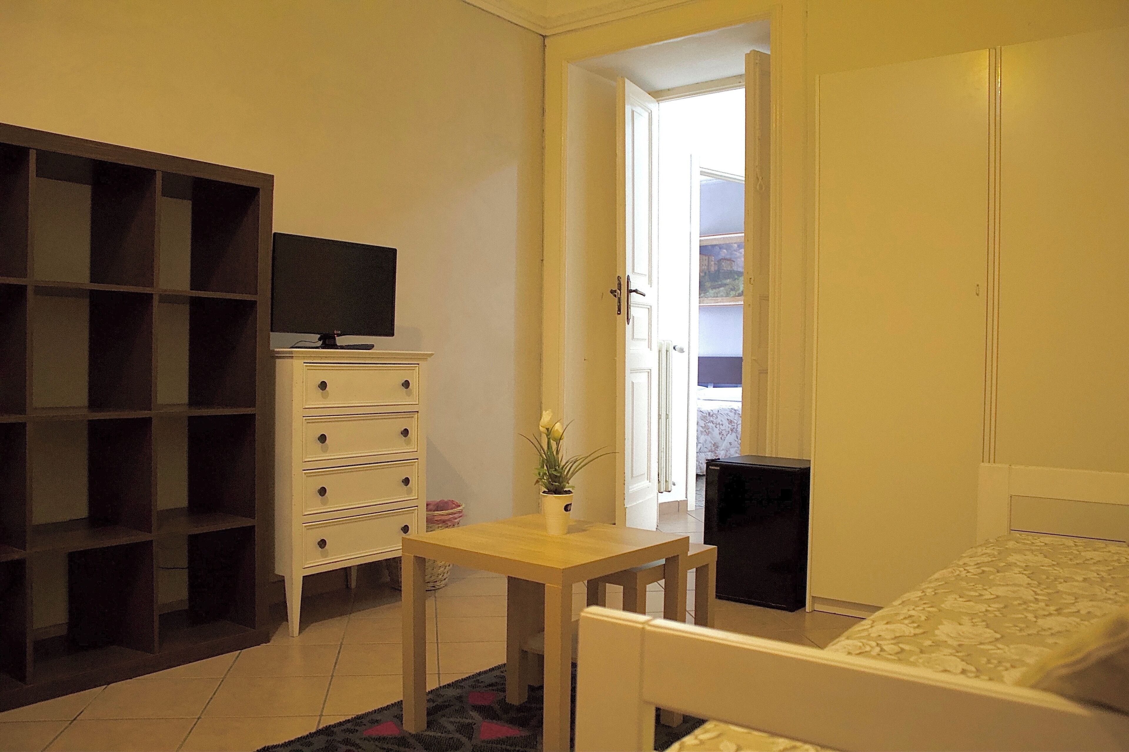 Una habitación pequeña y bien iluminada con una cama, un televisor en una cómoda, una mesita con una planta y una estantería.