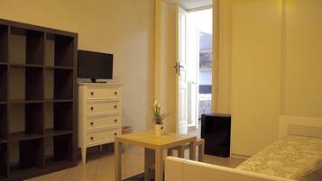 Una habitación pequeña y bien iluminada con una cama, un televisor en una cómoda, una mesita con una planta y una estantería.