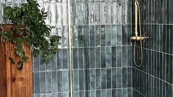 A shower with a glass enclosure, a wooden cabinet, and a potted plant.