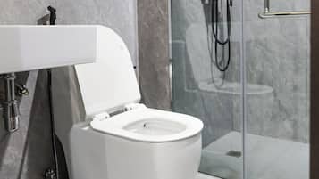 Hair dryer, bidet, towels, shampoo