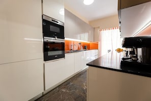 Fridge, microwave, oven, dishwasher