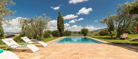 A rectangular swimming pool with a tiled deck, surrounded by trees and a clear sky.