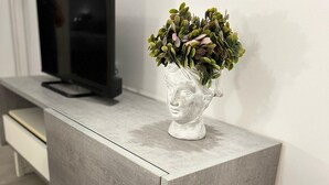 Une console grise sur laquelle est posé un vase blanc contenant des feuilles vertes et des fleurs roses. Un téléviseur à écran plat est également posé sur la console.