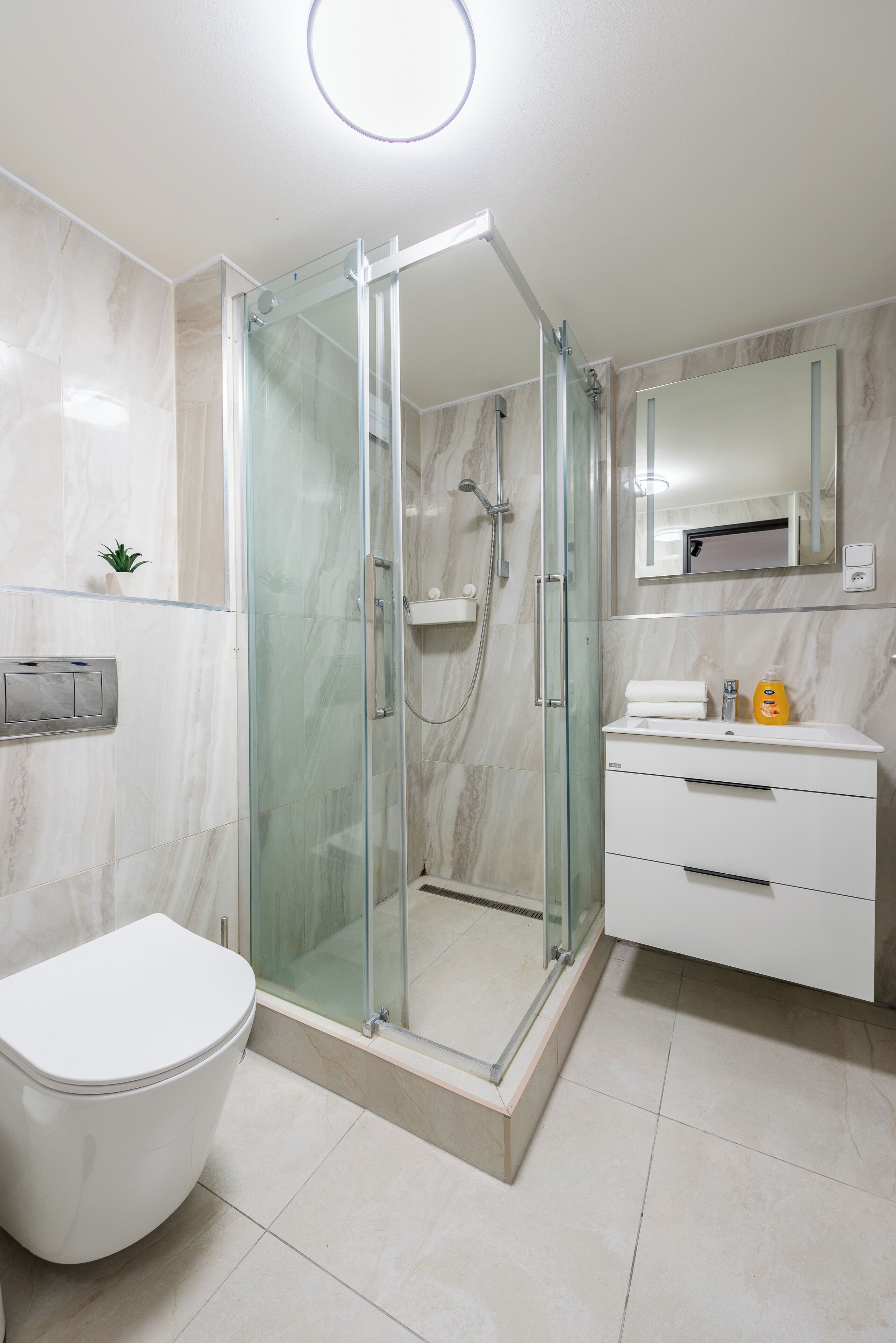 A modern bathroom with a glass-enclosed shower, a white toilet, and a vanity with a mirror.