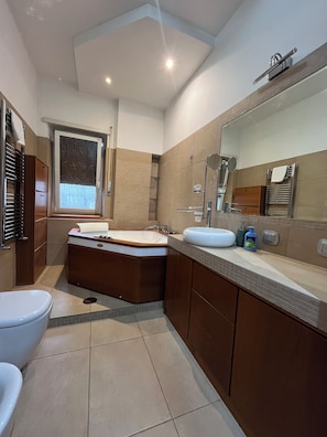 Shower, jetted tub, hair dryer, bidet