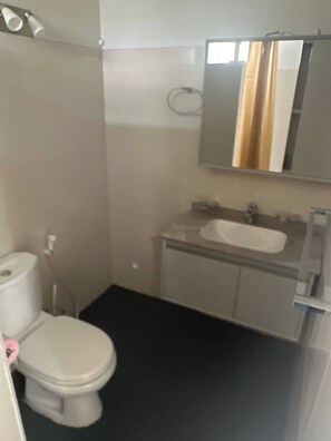 A small bathroom with a toilet, sink, and mirror.