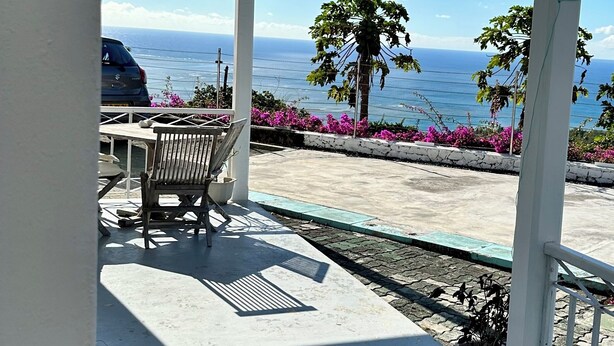 Ein überdachter Außenbereich mit Tisch und Stühlen, einem Blumentopf und Blick auf das Meer.
