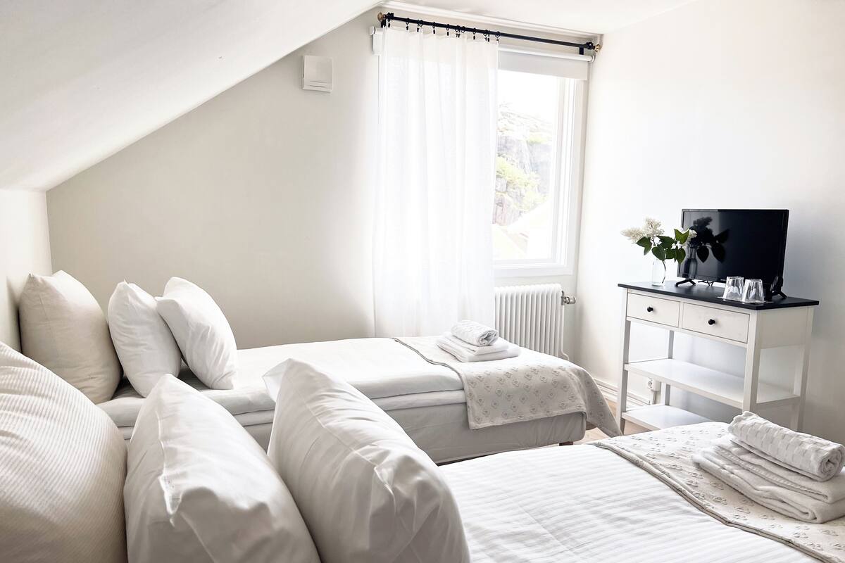 A bedroom with two beds, a TV, and a radiator.