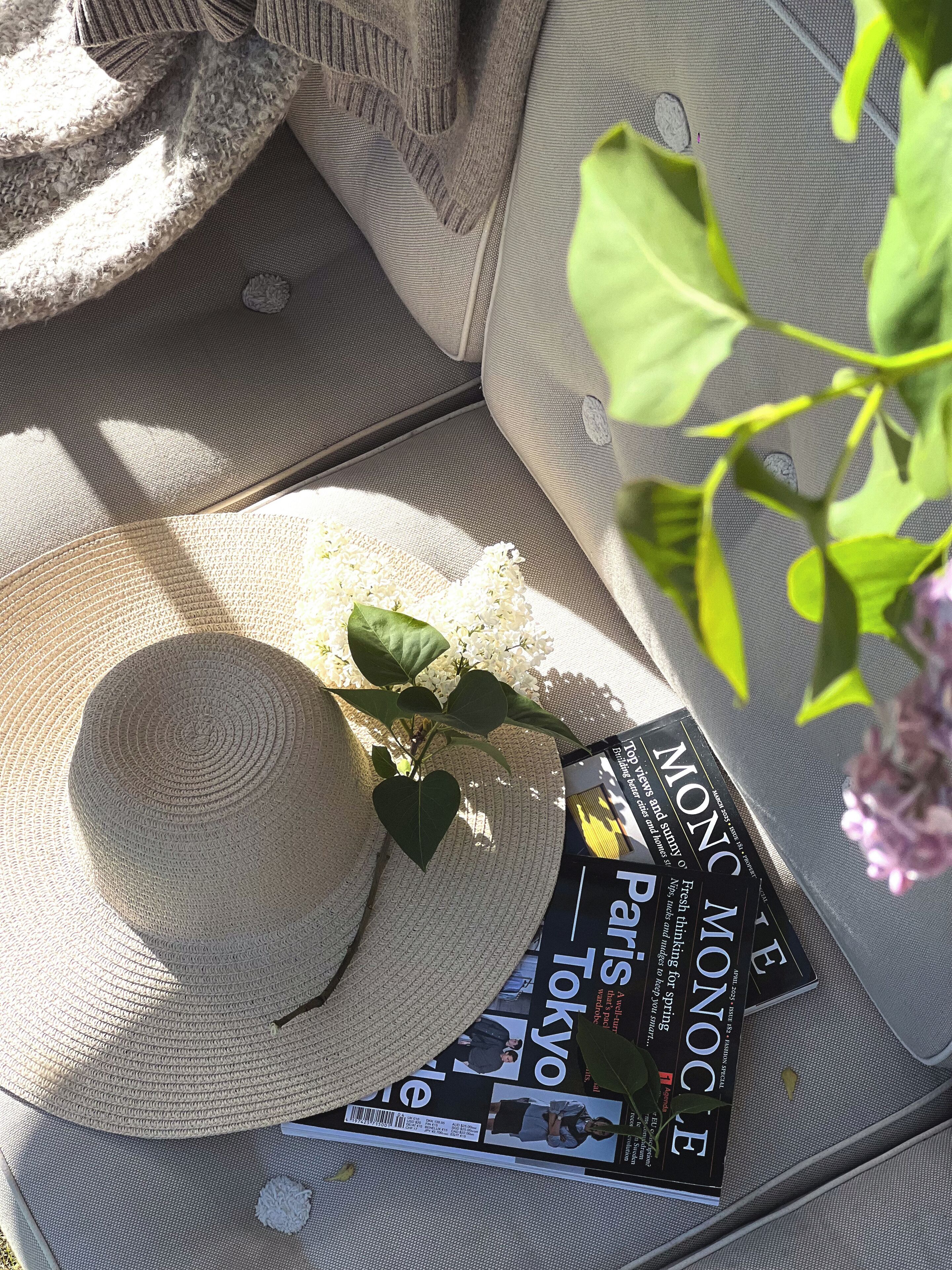 A magazine, a hat, and a plant on a textured sofa.