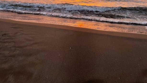 Une plage avec des vagues et un coucher de soleil.