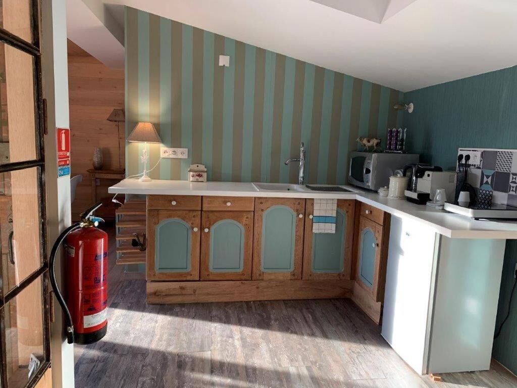 A compact kitchen with a wooden cabinet, a microwave, a sink, and a fire extinguisher.