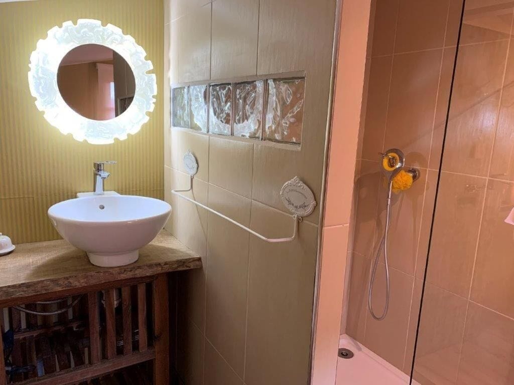 A bathroom with a white sink, a mirror with a decorative frame, and a shower area with a handheld showerhead.