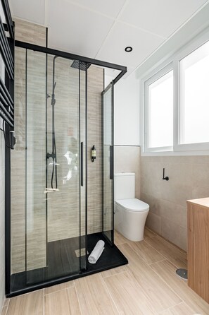 Dusche, kostenlose Toilettenartikel, Haartrockner, Handtücher