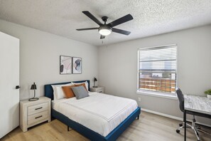 1 bedroom, desk, iron/ironing board, travel cot