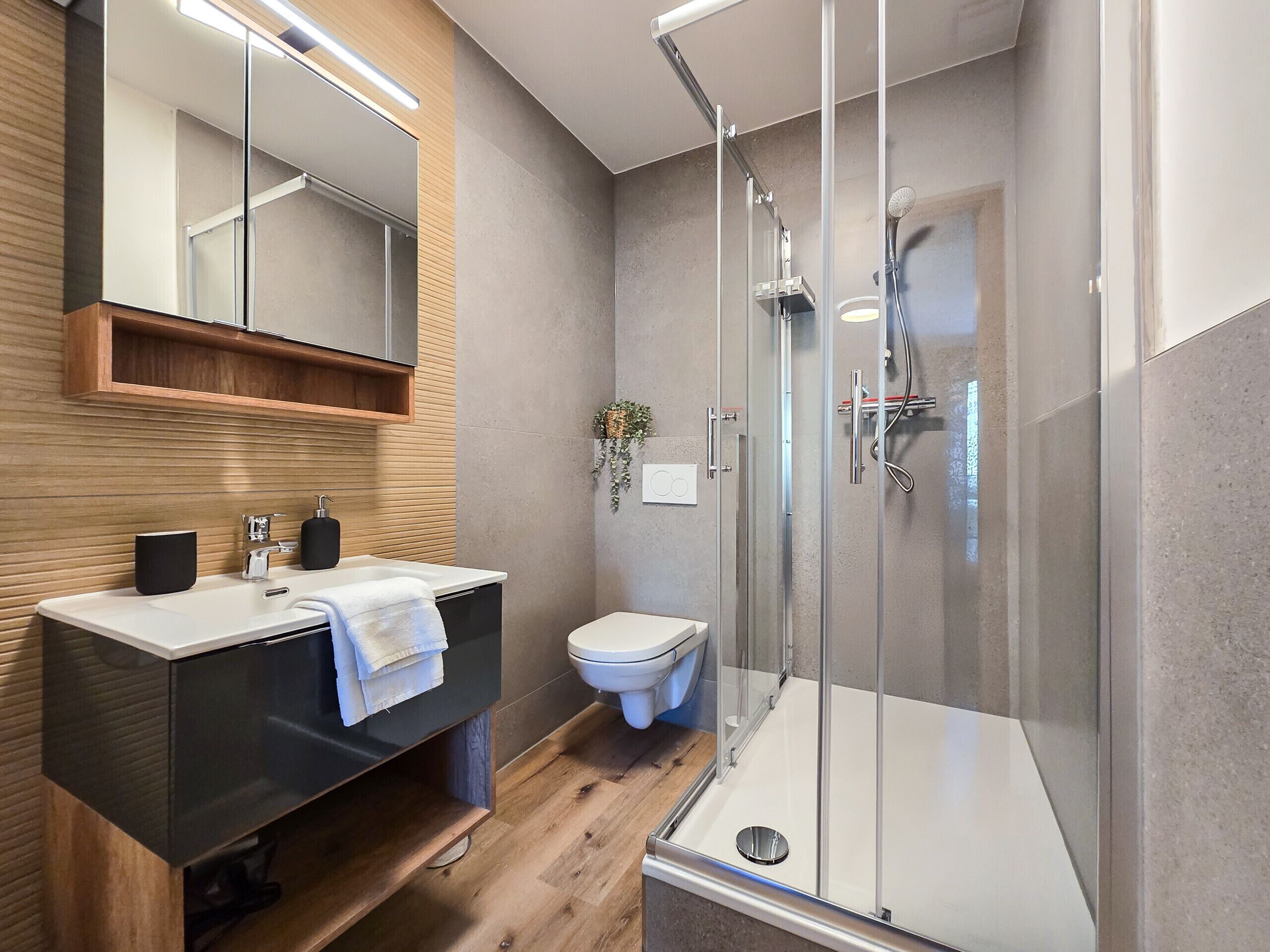 Shower, hair dryer, towels, toilet paper