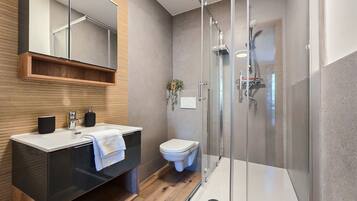 Shower, hair dryer, towels, toilet paper