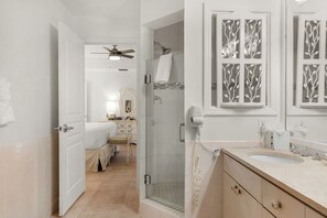 Shower, hair dryer, towels, soap