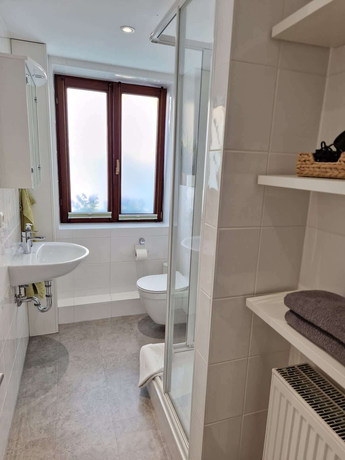 Shower, hair dryer, towels