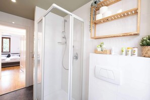 Douche, séchoir à cheveux, serviettes fournies
