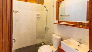 Une salle de bain avec une douche à parois de verre, des toilettes blanches et un meuble-lavabo en bois avec un évier et un miroir.