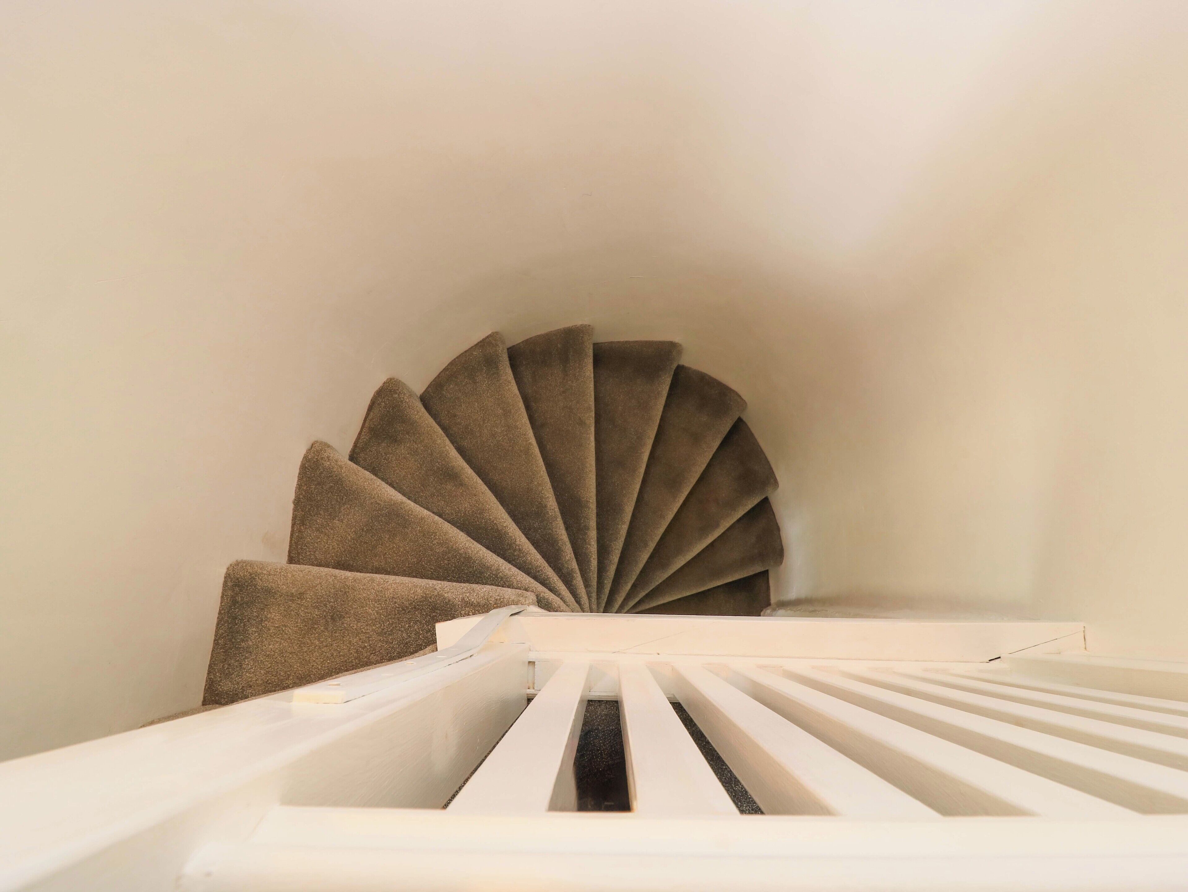 A spiral staircase with a beige carpet.