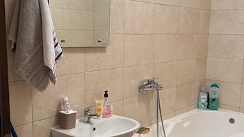 Secador de cabelo, toalhas de banho, sabonete, papel higiênico