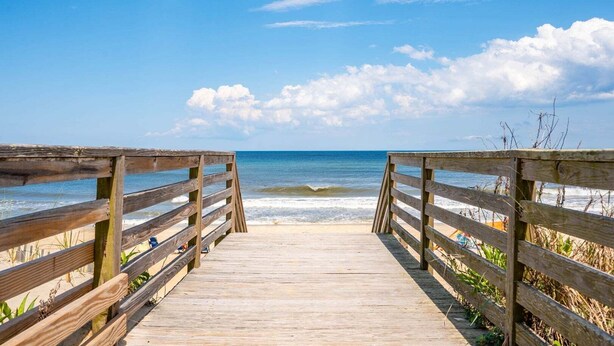 A wooden boardwalk leading to a beach with a clear sky and calm sea. - GSH2 Ocean-Front Condo, Ocean Views, Comm.Pool (Kill Devil Hills)