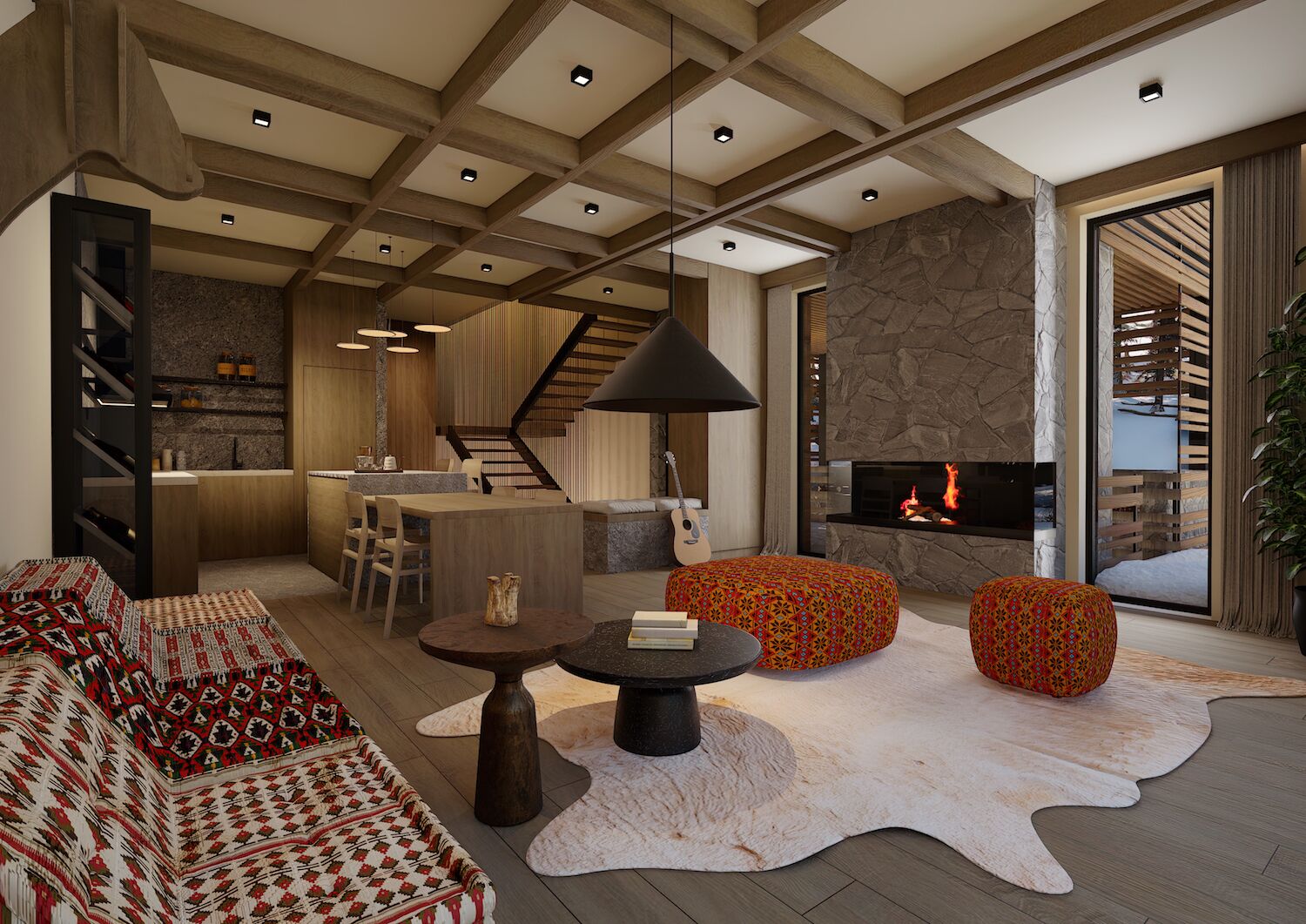 A modern living room with a fireplace, a sofa, ottomans, a coffee table, and a kitchen area with a staircase.