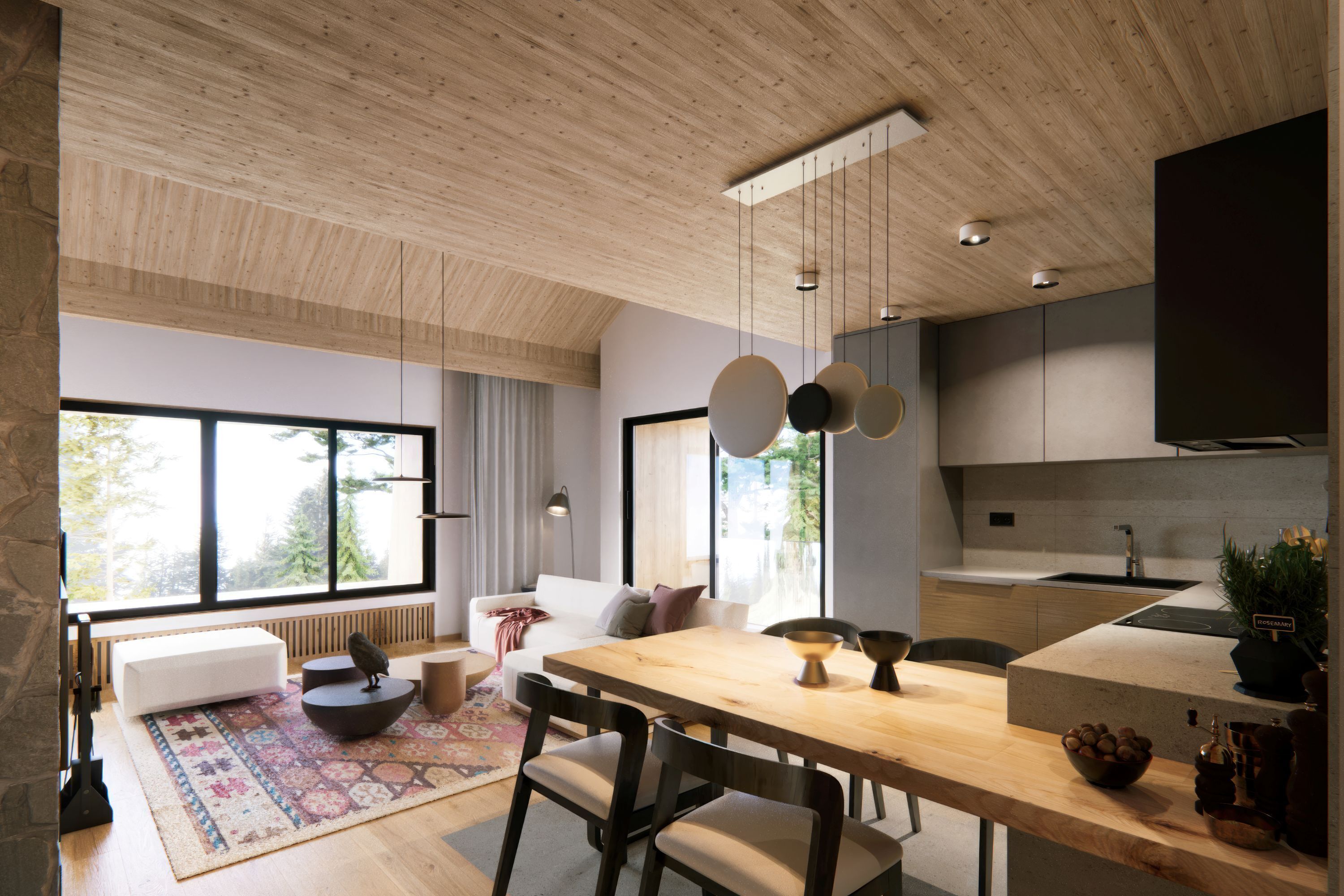 A modern kitchen with a wooden ceiling, large windows, a dining area with a table and chairs, and a built-in oven.