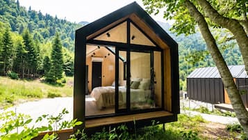 A wooden cabin with a glass front, a bed inside, and a view of a forested mountain area.