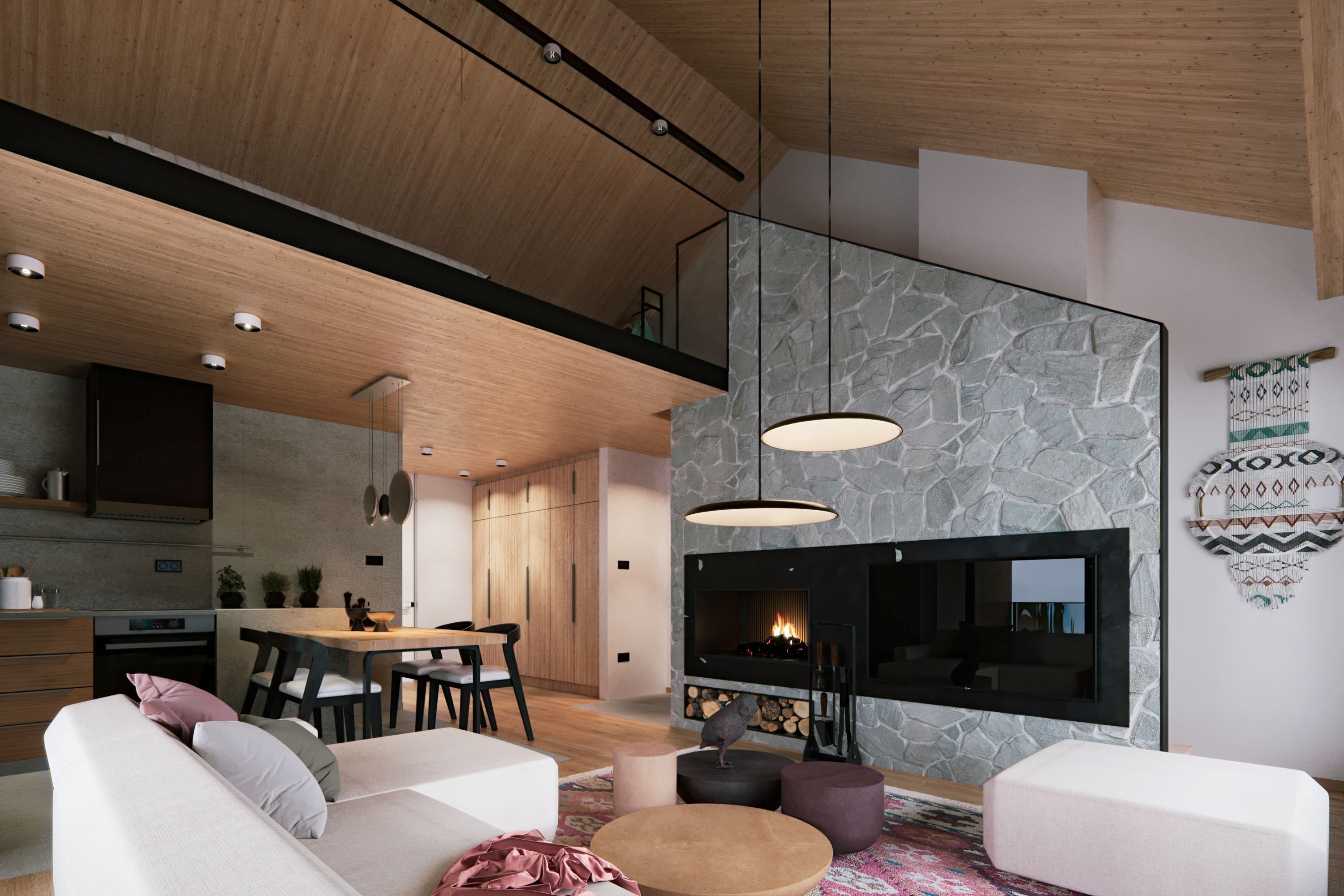 A modern living room with a fireplace, a dining area, and a kitchen.