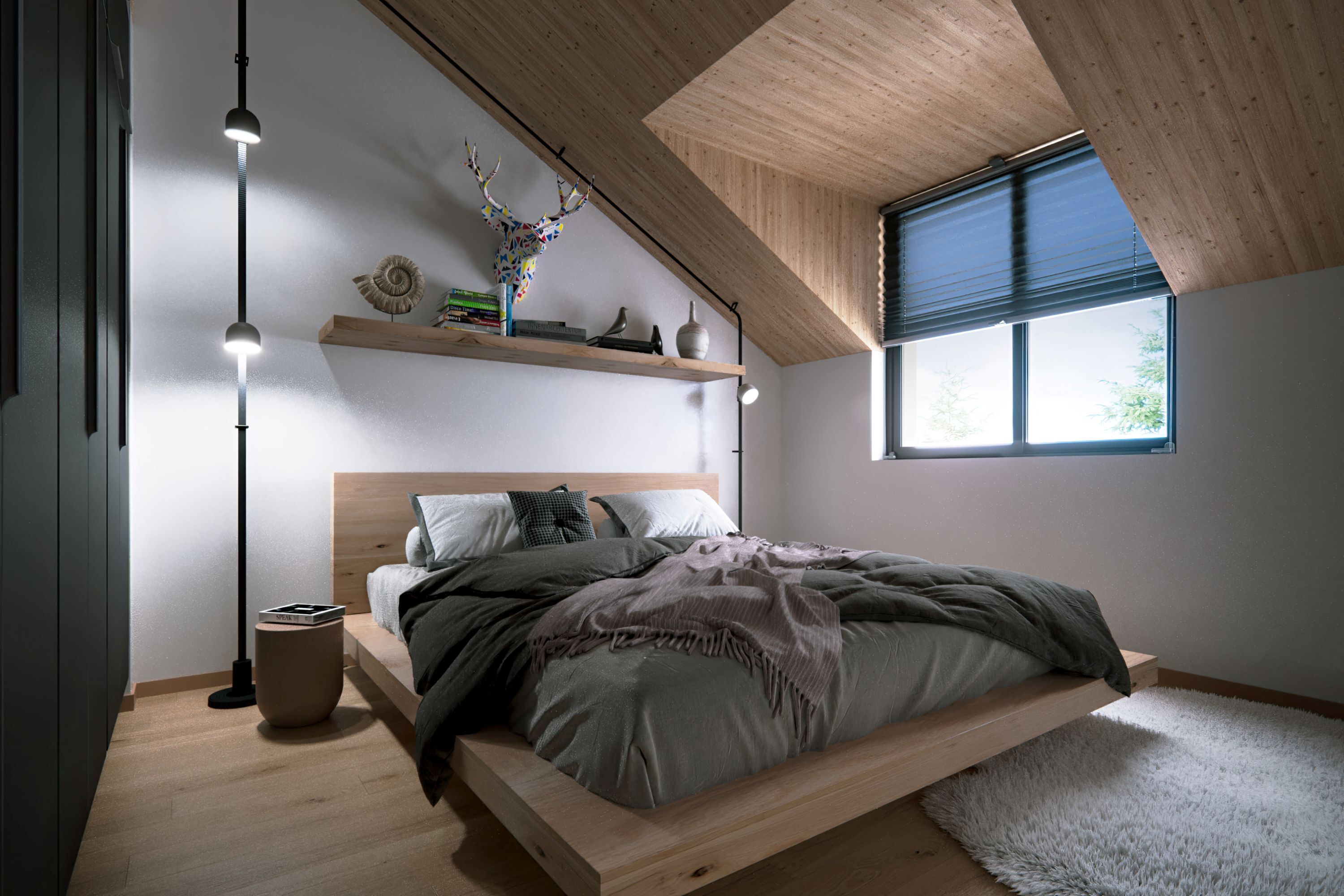 Un dormitorio moderno con techo inclinado, cama con estructura de madera, alfombra blanca y ventana con persianas.