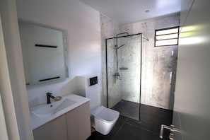 Douche, sèche-cheveux, serviettes fournies, savon