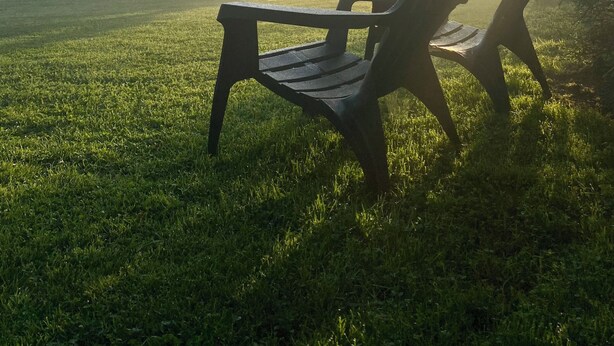 Una silla en un área verde con cielo despejado y árboles al fondo.