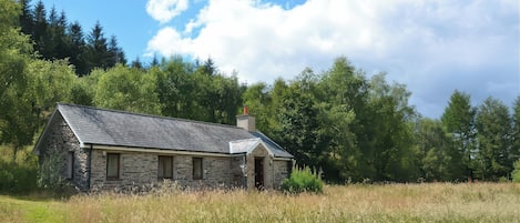 A stone cottage with a sloped roof, surrounded by tall grass and dense trees.