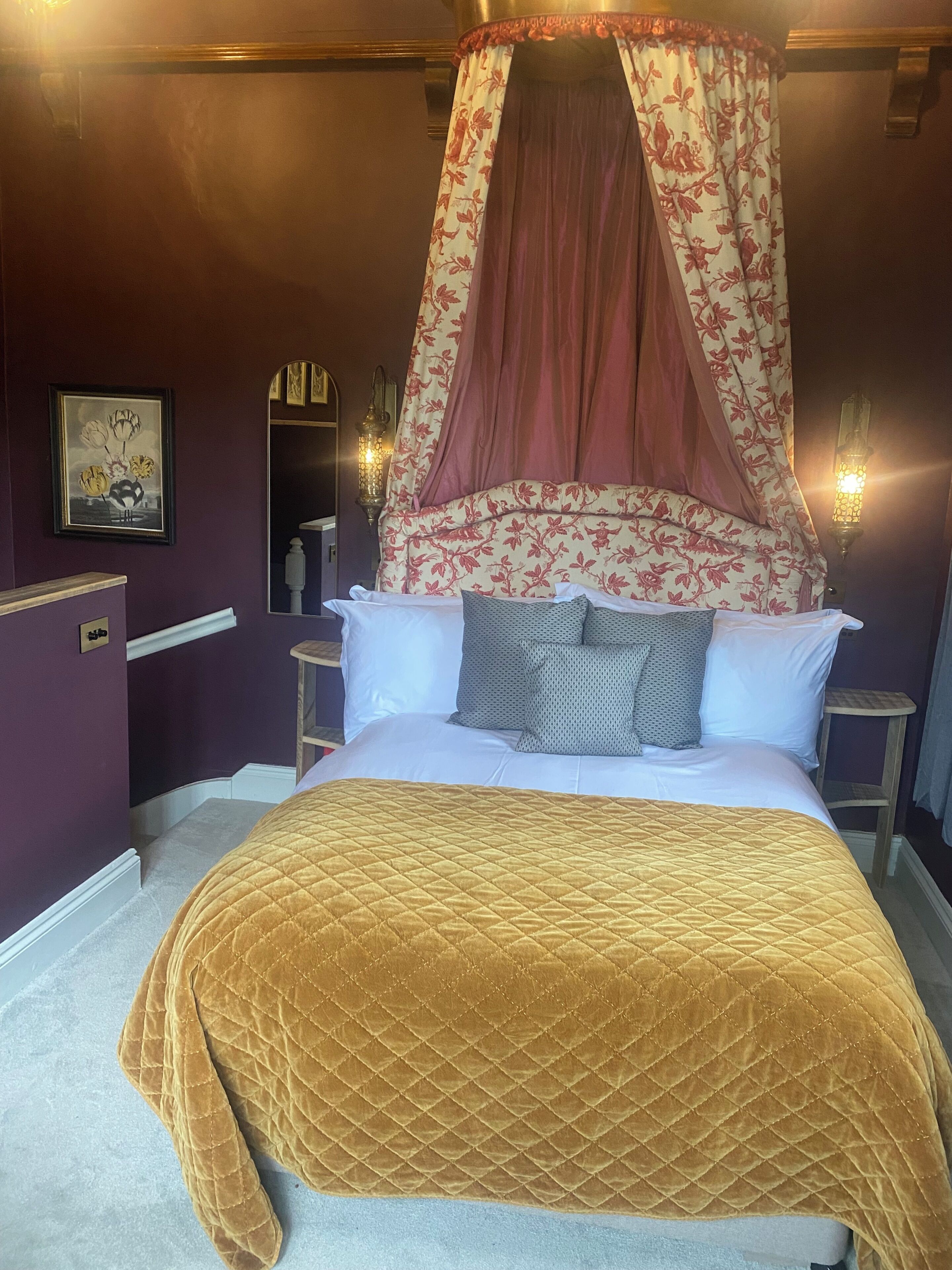 A bed with a canopy, a bedside table, a nightstand, a mirror, and a wall-mounted light fixture.
