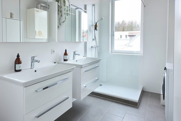 Regadera, secadora de cabello, toallas, jabón 