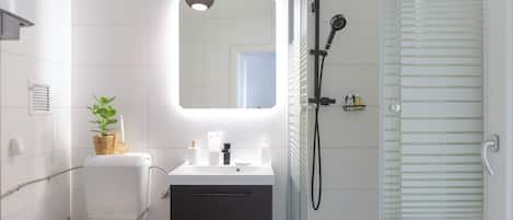 Douche, séchoir à cheveux, serviettes fournies, savon
