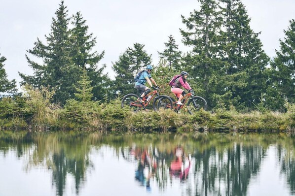 Two cyclists riding near a calm body of water with dense forest in the background. - Guest House Grmovškov dom Kope (Mislinja)