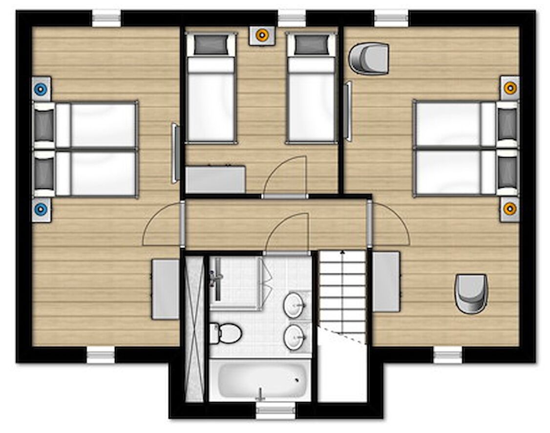 A hotel room layout with two bedrooms, a bathroom, and a living area.