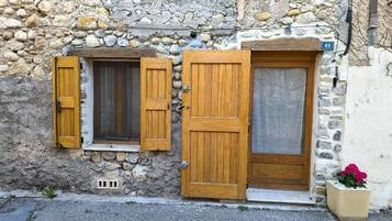 A stone building with two wooden doors and windows, a small vent, and a potted plant.