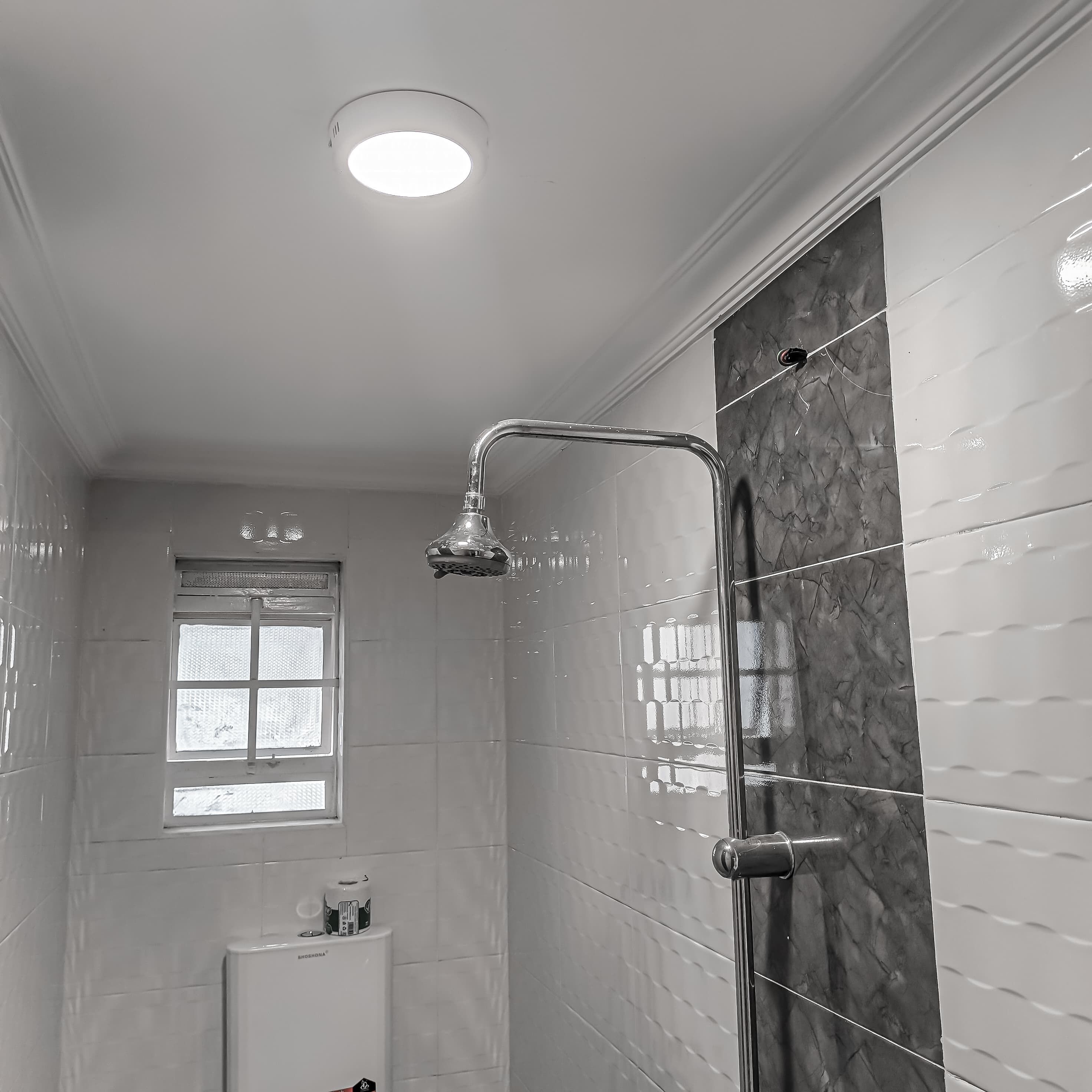 A bathroom with a shower, a window, and a sink.