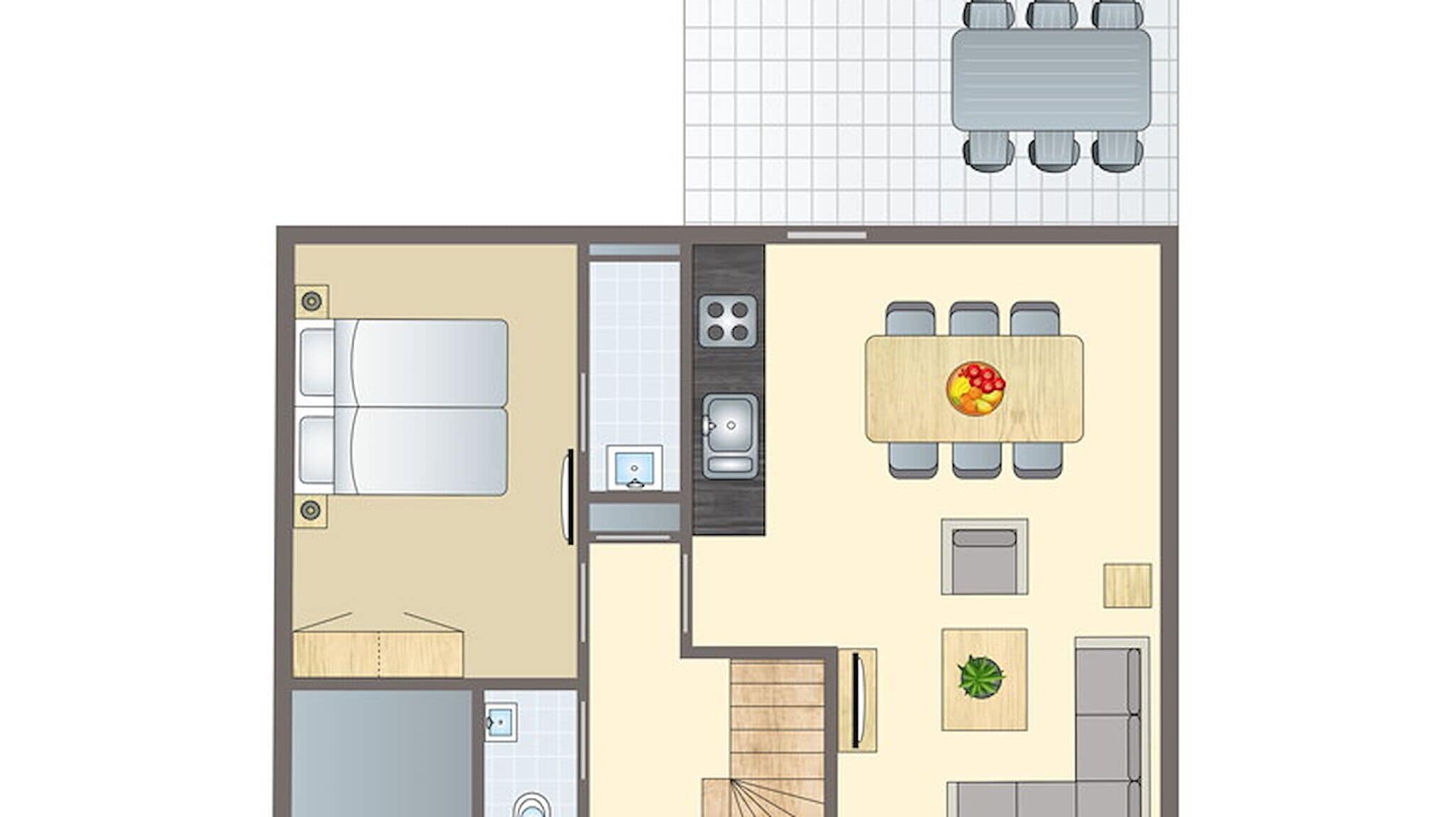 Pianta di un appartamento con due camere da letto, cucina, zona pranzo e un piccolo soggiorno.