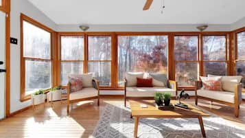 Smart TV, fireplace, books